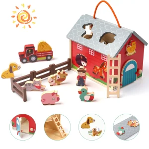 Wooden Farm Toys Animals with Big Barn and Tractor, Toddlers